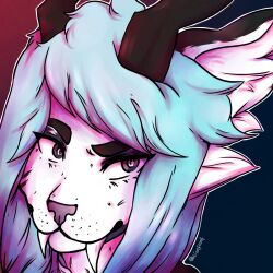  1:1 anthro big_fangs blue_hair brown_horn bust_portrait fangs felid female fur grey_eyes hair hi_res horn inner_ear_fluff lionfloof mammal portrait signature simple_background solo teeth tuft white_body white_fur white_inner_ear_fluff 