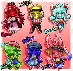  absurd_res addy_(morbidlycutecrunch) animal_humanoid benni_(morbidlycutecrunch) blue_body chibi chiyo_(morbidlycutecrunch) clothing dress female goo_creature goo_humanoid green_body group hat headgear headwear hi_res humanoid ichika_(morbidlycutecrunch) lagomorph lagomorph_humanoid leporid_humanoid mammal mammal_humanoid morbidlycutecrunch pink_body purple_body rabbit_humanoid red_body rena_(morbidlycutecrunch) shizu_(morbidlycutecrunch) white_clothing white_dress yellow_body 