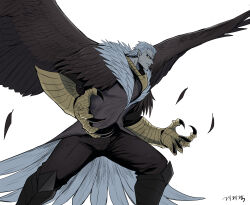  1boy armor bald_eagle bird bird_boy black_eyes brown_jacket brown_pants claws closed_mouth colored_sclera eagle feather-trimmed_jacket frown full_body furrowed_brow gauntlets gegegekman greaves highres jacket looking_at_viewer male_focus original pants personification shaded_face signature white_background white_hair yellow_sclera 