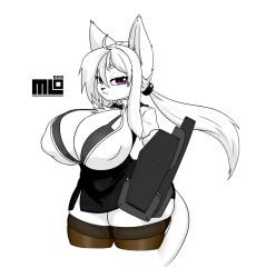  absurd_res big_breasts breasts clothing cocktail_dress felid female fur hair hi_res legwear mammal mi_lan milan_(mi_lan) purple_eyes stockings white_body white_fur white_hair 