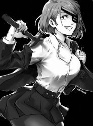  breasts claw_hammer eyepatch female hammer holding holding_hammer holding_nail jacket jujutsu_kaisen jujutsu_tech_uniform kugisaki_nobara looking_at_viewer miss_faves monochrome nail pantyhose school_uniform short_hair smile solo swept_bangs 