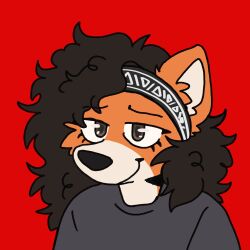  1:1 ailurid anthro bandana curled_hair female hair hi_res kerchief mammal puzzoz red_background red_panda simple_background solo sonne_(sonne_omelette) 