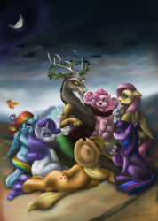  absurd_res alicorn ambient_bat angel_(mlp) antlers apple_bloom_(mlp) applejack_(mlp) carrying_another chimera clothing cloud cowboy_hat crescent_moon detailed_background discord_(mlp) draconequus dragon earth_pony equid equine facial_hair female feral fluttershy_(mlp) flying friendship_is_magic group hasbro hat headgear headwear hi_res horn horse inspired_by_formal_art lagomorph leporid looking_at_another lying male mammal moon my_little_pony mythological_creature mythological_equine mythological_scalie mythology night on_side outside pegasus pinkie_pie_(mlp) polnocnykot pony princess_celestia_(mlp) rabbit rainbow_dash_(mlp) rarity_(mlp) reclining scalie scootaloo_(mlp) sitting spike_(mlp) sweetie_belle_(mlp) twilight_sparkle_(mlp) unicorn wings wreath 