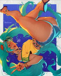  ass bead_choker belly_chain borrowed_design brazilian_flag brazilian_flag_print brazilian_miku earrings gold_earrings hatsune_miku highres jewelry rectangular_earrings shorts_tan smile solo tan tanline_peek tanlines twintails valentina_tavolilla vocaloid white-framed_eyewear 