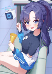  black_shirt blue_archive blue_buruma blue_eyes blue_jacket blush buruma couch drone female gym_shirt gym_uniform halo highres id_card jacket jacket_partially_removed long_hair looking_at_viewer mechanical_halo official_alternate_costume on_couch open_mouth purple_eyes purple_hair shinori_(efvbji6264) shirt short_sleeves sitting smile solo star_sticker sticker_on_face track_jacket yuuka_(blue_archive) yuuka_(track)_(blue_archive) 