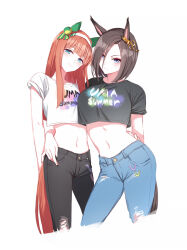  2girls air_groove_(umamusume) animal_ears arm_at_side black_pants black_shirt blue_pants breasts brown_hair closed_mouth crop_top cropped_legs denim ear_covers ear_ornament green_eyes hairband hand_on_another&#039;s_hip head_tilt horse_ears horse_girl horse_tail jeans looking_at_viewer medium_breasts midriff multiple_girls navel orange_hair pants romi_(346_ura) shirt short_hair short_sleeves silence_suzuka_(umamusume) simple_background sleeves_rolled_up small_breasts smile tail torn_clothes torn_pants uma_summer_(umamusume) umamusume white_background white_shirt 