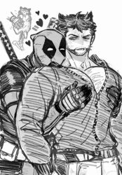  2boys animalization bara beard belt bodysuit chest_hair commentary_request deadpool deadpool_&amp;_wolverine deadpool_(series) dishing facial_hair feline gloves heart katana korean_commentary large_pectorals long_sleeves looking_at_another male_focus marvel mask mature_male monochrome multiple_boys muscular muscular_male open_mouth pants pectoral_grab pectorals short_hair sword sword_on_back teeth weapon weapon_on_back wolverine_(x-men) x-men yaoi 