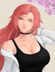  bad_source baiken black_choker black_tank_top breasts breez_art cherry_blossoms choker cleavage facial_tattoo guilty_gear guilty_gear_strive highres jacket large_breasts long_hair looking_at_viewer open_clothes open_jacket parted_lips pink_hair scar scar_across_eye scar_on_face tank_top tattoo very_long_hair 