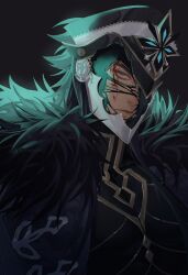  1boy artist_name black_background black_coat black_hair black_shirt blood blue_eyes capitano_(genshin_impact) chains closed_mouth coat english_commentary fur-trimmed_coat fur_trim genshin_impact gold_chain highres injury lapels long_hair looking_at_viewer male_focus mask open_clothes open_coat purinrin001 shirt sidelocks simple_background solo standing torn_mask 