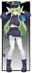  absurdres belt black_belt blue_archive blue_jacket blue_skirt blush boots buttons cropped_jacket demon_girl demon_tail double-breasted female full_body gloves green_hair green_halo hair_between_eyes halo hands_up happy hat highres hikari_(blue_archive) incredibly_absurdres jacket legs_apart long_hair looking_at_viewer midriff miniskirt muusn pantyhose pleated_skirt posing skirt smile smug solo standing tail upskirt very_long_hair white_gloves yellow_eyes 