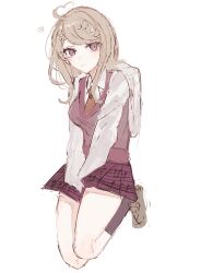  ahoge akamatsu_kaede backpack bag blonde_hair blush breasts brown_footwear closed_mouth danganronpa_(series) danganronpa_v3:_killing_harmony female full_body heart heart_ahoge highres kneehighs large_breasts long_hair long_sleeves miniskirt musical_note musical_note_print pink_eyes pink_skirt pink_sweater_vest shoes simple_background skirt smile socks solo sweater_vest white_background ym_43 