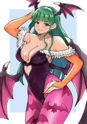  animal_print bare_shoulders bat_print bat_wings black_leotard breasts bridal_gauntlets clothing_cutout covered_navel darkstalkers demon_girl female fur-trimmed_leotard fur_trim green_eyes green_hair head_wings heart_cutout highres large_breasts leotard long_hair low_wings morrigan_aensland nobita_(nbnobita) off-shoulder_leotard pantyhose print_pantyhose purple_pantyhose purple_wings smile solo two-tone_background wings 