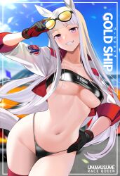  absurdres alternate_costume animal_ears bikini black_bikini black_gloves blue_sky blurry blurry_background breasts car cleavage commentary cropped_jacket day eyewear_on_head female gloves gold_ship_(umamusume) grey_hair grin highres horse_ears horse_girl horse_tail jacket large_breasts motor_vehicle navel open_clothes open_jacket outdoors purple_eyes race_queen red_gloves red_thighhighs sky smile solo stomach swimsuit symbol-only_commentary tail thighhighs tinted_eyewear two-tone_gloves ugohato umamusume underboob yellow-tinted_eyewear 