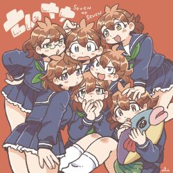  6+girls :3 antenna_hair blue_eyes blue_sailor_collar blue_serafuku blue_shirt breasts brown_eyes brown_hair commentary_request copyright_name ebiebi frown glasses green_eyes green_neckerchief hand_on_own_hip hands_up highres holding holding_stuffed_toy large_breasts looking_at_another looking_at_viewer looking_back medium_hair miniskirt multiple_girls multiple_persona nanacchi nanakko nanapon nanappe nanarin nanasama neckerchief open_mouth own_hands_together pince-nez poking poking_head puckered_lips purple_eyes red_background red_eyes sailor_collar school_uniform serafuku shichinin_no_nana shirt signature simple_background sitting skirt smile stuffed_animal stuffed_fish stuffed_toy surrounded suzuki_nana tearing_up translation_request v-shaped_eyes worried 