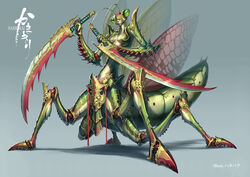  animal antennae arthropod_girl artist_name book book_stack commentary_request creature dual_wielding extra_arms female full_body hata_(pixiv4102938) highres holding holding_sword holding_weapon mantis_girl monster_girl original pink_shorts praying_mantis reverse_grip shadow shorts solo sword weapon 