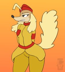  absurd_res brown_body brown_fur canid canine canis clothing cuphead_(game) domestic_dog female fur hi_res hunting_dog looking_away mammal pilot_uniform raised_tail saluki sgt._o&#039;fera_(cuphead) sighthound simple_background tail tenides uniform 