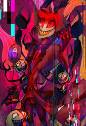  1boy akkkma alastor_(hazbin_hotel) bow bowtie clenched_hand demon fire formal gold_teeth hair_horns hat hazbin_hotel jacket microphone monocle pinstripe_pattern pinstripe_suit red_eyes red_hair red_suit sharp_teeth silhouette_demon striped_clothes striped_jacket suit teeth top_hat vintage_microphone voodoo_doll yellow_teeth 