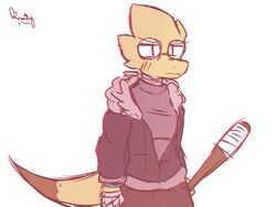  4:3 alphys anthro baseball_bat bat_(object) blush bottomwear breasts clothed clothing cursive english_text eyewear female fist front_view fully_clothed glasses hand_wraps hi_res holding_baseball_bat holding_melee_weapon holding_object holding_weapon hoodie lizard looking_at_viewer melee_weapon monse_p90 neck_wraps non-mammal_breasts pants portrait reptile scales scalie shirt signature simple_background solo standing sweatshirt text three-quarter_portrait three-quarter_view topwear undertale undertale_(series) weapon wraps yellow_body yellow_scales 