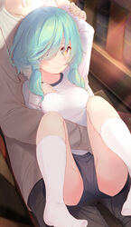  1boy ahoge aqua_hair blush book breasts bulge celestia_(komone_ushio) collarbone female frown grey_pants groin_tendon gym_shirt gym_shorts gym_uniform hand_on_own_chest head_out_of_frame highres holding_another&#039;s_arm indoors kneehighs komone_ushio lightning_ahoge long_sleeves looking_at_viewer low_twintails medium_breasts medium_hair one_eye_covered original paid_reward_available pants shirt short_shorts short_sleeves shorts sidelocks sitting sitting_on_lap sitting_on_person socks solo_focus thighs torso_grab twintails wavy_mouth white_shirt white_socks yellow_eyes 