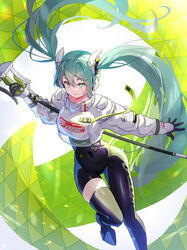  aqua_eyes aqua_hair asymmetrical_bodysuit black_bodysuit black_gloves bodysuit boots breasts closed_mouth commentary covered_navel cropped_jacket female flag flagpole foot_out_of_frame gloves goodsmile_racing green_flag green_gloves hair_between_eyes hatsune_miku highres holding holding_flag holding_pole jacket kurohanesawa large_breasts long_hair long_sleeves looking_at_viewer pole racing_miku racing_miku_(2022) single_leg_bodysuit single_thigh_boot smile solo text_print thigh_boots twintails two-tone_gloves very_long_hair vocaloid white_jacket 