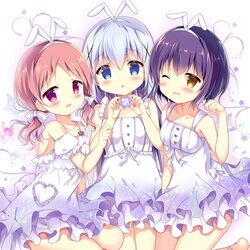  3girls :d animal_ears aquarius_(constellation) azumi_kazuki bare_arms bare_shoulders blue_eyes blue_hair blush bow breasts brown_eyes brown_hair chimame-tai collarbone commentary constellation constellation_print detached_sleeves dress fake_animal_ears frills girl_sandwich gochuumon_wa_usagi_desu_ka? hair_ornament hairband hairbow hand_up hands_up heart jouga_maya kafuu_chino long_hair low_twintails multiple_girls natsu_megumi open_mouth parted_lips pisces_(constellation) pleated_dress puffy_short_sleeves puffy_sleeves purple_hair rabbit_ears ribbon sandwiched short_sleeves sleeveless sleeveless_dress small_breasts smile star_(symbol) stellated_octahedron striped striped_bow twintails unmoving_pattern very_long_hair white_bow white_dress white_hairband white_ribbon white_sleeves x_hair_ornament 