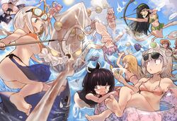  1boy 6+girls absurdres ahoge angry animal_ears antenna_hair arrow_(projectile) beads bikini black_hair blonde_hair blue_eyes blue_hair blue_one-piece_swimsuit blue_ribbon blunt_bangs blush bow_(weapon) braid breasts cevio cocktail commentary covering_breasts covering_crotch covering_privates day double_bun drawing_bow eel_hat embarrassed fish food fox_ears fruit giant_squid glowing glowing_eyes goggles goggles_on_head grey_hair grin hair_beads hair_bun hair_ornament hair_ribbon hat headband highres holding holding_bow_(weapon) holding_weapon innertube kizuna_akari koharu_rikka kotonoha_akane kotonoha_aoi lens_flare long_hair monster multiple_girls nude ocean one-piece_swimsuit open_mouth orange_(fruit) orange_slice otomachi_una outdoors pink_hair pitchfork purple_eyes purple_hair red_ribbon restrained ribbon shark siwasunohige smile snorkel squid straw_hat sunglasses surprised swim_ring swimsuit synthesizer_v tentacle touhoku_itako touhoku_kiritan touhoku_zunko tsukuyomi_ai tsukuyomi_shouta tsurumaki_maki turn_pale twintails underboob unworn_bikini upside-down very_long_hair vocaloid voiceroid water weapon white_hair yellow_eyes yuzuki_yukari 