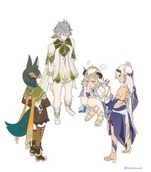  4boys absurdres alhaitham_(genshin_impact) alternate_costume animal_ear_fluff animal_ears artist_name asymmetrical_legwear barefoot blonde_hair blush brown_footwear brown_thighhighs candace_(genshin_impact) candace_(genshin_impact)_(cosplay) capelet collei_(genshin_impact) collei_(genshin_impact)_(cosplay) commentary cosplay crossdressing crossed_arms cyno_(genshin_impact) detached_sleeves dress fake_horns fox_boy fox_ears fox_tail genshin_impact gladiator_sandals green_capelet grey_hair hair_ornament hands_on_own_hips high_heels highres horns kaveh_(genshin_impact) leaf_hair_ornament multiple_boys nahida_(genshin_impact) nahida_(genshin_impact)_(cosplay) narisawr nilou_(genshin_impact) nilou_(genshin_impact)_(cosplay) puff_of_air red_eyes sandals squatting standing stirrup_legwear tail thighhighs tighnari_(genshin_impact) toeless_legwear twitter_username uneven_legwear veil white_background white_dress white_footwear 