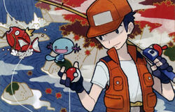  1boy :d black_eyes black_gloves black_hair closed_mouth commentary english_commentary eo_kanako fish fisherman_(pokemon) fishing_rod gen_1_pokemon gen_2_pokemon gloves holding holding_fishing_rod holding_poke_ball horns looking_back magikarp male_focus multiple_sources official_art open_mouth outdoors partly_fingerless_gloves poke_ball poke_ball_(generic) pokemon pokemon_trading_card_game river rock short_sleeves smile smirk standing third-party_source water wooper 