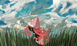  apios bad_id bad_twitter_id blue_eyes cloud cloudy_sky cutiefly day floating grass highres looking_at_another no_humans outdoors pink_hair pokemon pokemon_(creature) profile sky tapu_lele wings 