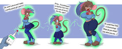  anthro bell bell_collar bottomwear clothing collar controller curvy_figure dialogue english_text expansion female gender_transformation growth hair hi_res mammal mouse mtf_transformation multicolored_hair murid murine remote_control rodent shrinking size_transformation skirt slim solo speech_bubble text tfsubmissions transformation transformation_mechanism transformation_sequence transformation_through_technology trevor-fox_(character) 