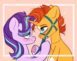  2023 5:4 blue_eyes blush bondage bridle digital_media_(artwork) duo equid equine female feral friendship_is_magic fur hair hasbro hi_res hooves horn male mammal multicolored_hair my_little_pony mythological_creature mythological_equine mythology orange_body orange_fur orange_hair petplay pink_body pink_fur ponyplay purple_hair reins roleplay shelti signature smile starlight_glimmer_(mlp) sunburst_(mlp) two_tone_hair underhoof unicorn 