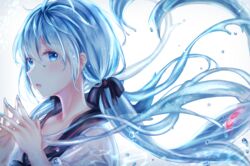  absurdres ai_(sigatutoukaa) air_bubble aqua_eyes aqua_hair blush bottle_miku bubble commentary female fish fishbowl goldfish hair_ornament hair_ribbon hatsune_miku highres liquid_hair long_hair nail_polish ribbon school_uniform serafuku submerged twintails underwater very_long_hair vocaloid water 