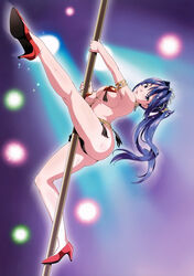  absurdres armlet blue_hair blush breasts cleavage female flying_sweatdrops full_body high_heels highres jewelry kneepits large_breasts long_hair maken-ki! nijou_aki open_mouth pole pole_dancing ponytail purple_eyes shoes smile solo stage_lights stripper stripper_pole sweat takeda_hiromitsu tassel tiara 