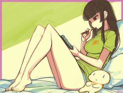  bare_legs barefoot bed biting biting_pencil black_hair blue_panties blunt_bangs border breasts commentary feet female from_side green_nails hime_cut holding indoors knees_up large_breasts legs long_hair looking_down madeline_(woofycakes) nail_polish no_pants notebook on_bed original panties pencil pillow red_eyes shirt short_sleeves sidelocks sitting stuffed_animal stuffed_toy t-shirt toenail_polish toenails underwear woofycakes 