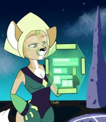  4_fingers alien alternate_species anthro black_nose breasts canid canine cartoon_network cleavage clothed clothing cloud female fennec_fox fingers fox gem gem_(species) grey_eyes hi_res looking_at_screen mammal navel_outline peridot_(gem_species) peridot_(steven_universe) rock_spire shempu signature sky sleeveless small_breasts solo star starry_sky steven_universe tan_body true_fox visor white_inner_ear 