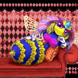  1:1 arthropod arthropod_abdomen bee big_breasts blue_body blue_exoskeleton boa_(clothing) bottomwear breasts clothing crown exoskeleton feather_boa feathers female floating_hands furniture hand_on_chin headgear heart_symbol hymenopteran insect_wings insects kirby_(series) lying nialaaaaaaa nintendo non-mammal_breasts on_sofa pillow purple_eyes queen_sectonia skirt sofa solo stinger wings yellow_body yellow_exoskeleton 