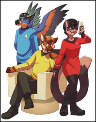  2013 anthro avian aycee black_border black_hair blue_eyes border brown_body brown_fur brown_hair brown_nose canid canine clothed clothing felid female fur group hair james_t._kirk long_tail male mammal pink_nose simple_background spock star_trek star_trek_the_original_series tail uhura 