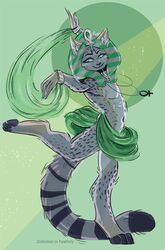  2017 ankh anthro black_nose clothed clothing collar dancing digital_media_(artwork) felid fluffy fluffy_tail fur green_background green_eyes grey_body grey_fur headdress hearing_aid male mammal mauu_roque_raltique partially_clothed raised_arm raised_leg scar simple_background smile solo tail zombietoes 