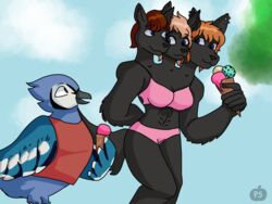  2020 3_heads 4:3 5_fingers abs anthro artist_logo avian bangs beak bikini bird black_beak black_body black_feathers black_fur black_inner_ear_fluff black_nose blue_body blue_eyes blue_feathers blue_jay bojan_darkbeak breasts canid canid_demon canine cerbelle_trimaktikos cerberus closed_smile clothing cloud colored corvid demon dessert digital_drawing_(artwork) digital_media_(artwork) duo european_mythology eyebrows feathers female feral fingers fluffy fluffy_arms fluffy_tail food fur greek_mythology hair hand_behind_back hellhound holding_food holding_ice_cream holding_object ice_cream ice_cream_cone inner_ear_fluff interspecies jay_(bird) larger_female logo male male/female mammal mouth_closed multi_head multicolored_body multicolored_feathers muscular muscular_anthro muscular_female mythological_canine mythological_creature mythology new_world_jay open_beak open_mouth open_smile orange_hair oscine passerine pink_bikini pink_clothing pink_swimwear plant pumkin-syrup red_clothing red_shirt red_tank_top red_topwear romantic romantic_couple shaded shirt simple_shading size_difference sky smaller_male smile smiling_at_each_other smiling_at_partner standing strolling swimwear tail tank_top topwear tree tuft wavy_hair white_body white_feathers wings 