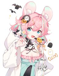  animal_ear_fluff animal_ears aqua_dress aqua_hair arin_(fanfan013) bandaged_wrist bandages bat_(animal) black_collar black_ribbon black_shirt blue_eyes bow bowtie breasts brooch buttons candy chinese_commentary cleavage cleavage_cutout cloak clothing_cutout collar colored_inner_hair commentary_request dress eyelashes female fingernails food frilled_dress frills ghost ghost_hair_ornament hair_between_eyes hair_ornament hairbow hairclip happy high_collar holding holding_candy holding_food holding_lollipop hood hood_down hooded_cloak jack-o&#039;-lantern jack-o&#039;-lantern_hair_ornament jewelry large_breasts lollipop long_sleeves looking_at_viewer mouse_ears multicolored_hair neck_ribbon oerba_yun_fang open_mouth original palms pink_bow pink_bowtie pink_hair ribbon see-through_bow shirt short_hair smile solo sparkle streaked_hair transparent_background upper_body white_cloak white_hood white_sleeves wide_sleeves 