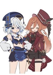  2girls absurdres bare_shoulders black_shorts blue_eyes blue_hair blue_hat blush closed_eyes commentary_request cosplay costume_switch cowboy_shot crop_top detached_sleeves furina_(genshin_impact) furina_(genshin_impact)_(cosplay) genshin_impact haruo_(haruooimo) hat highres jacket long_sleeves midriff multicolored_hair multiple_girls parted_lips pink_hair pom_pom_(clothes) red_hat red_jacket short_hair short_shorts shorts simple_background standing streaked_hair top_hat white_background white_hair yanfei_(genshin_impact) yanfei_(genshin_impact)_(cosplay) 