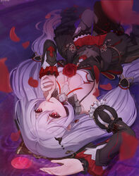  absurdres artist_name bare_shoulders bat_hair_ornament black_dress blackxyfaf bleeding blood breasts chinese_commentary cleavage commentary_request detached_sleeves dress earrings female flower grey_hair hair_between_eyes hair_ornament hair_spread_out highres honkai_(series) honkai_impact_3rd jewelry large_breasts long_hair long_sleeves looking_at_viewer lying moon on_back petals purple_theme red_eyes red_flower red_moon red_rose revision ring rose signature solo theresa_apocalypse theresa_apocalypse_(luna_kindred) theresa_apocalypse_(lunar_vow:_crimson_love) thighhighs torn_clothes torn_thighhighs upside-down vampire 