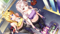  2girls bare_arms bare_shoulders barefoot black_pants blonde_hair bow-shaped_hair breasts cleavage cleavage_cutout closed_mouth clothing_cutout commentary_request copyright_notice day dumbbell dutch_angle end_card from_above fujima_takuya grey_hair hair_between_eyes highres highspeed_etoile holding indoors leggings liu_youran long_hair medium_breasts multiple_girls navel official_art pants purple_eyes red_eyes sophia_b_tokitou sports_bra sportswear standing very_long_hair weighing_scale window yoga_pants 