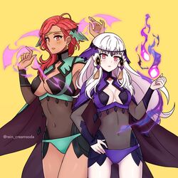  2girls alternate_costume armpits ass_visible_through_thighs bodystocking breasts cleavage commission cosplay covered_navel dark-skinned_female dark_skin earrings fire_emblem fire_emblem:_three_houses green_panties hapi_(fire_emblem) head_chain jewelry long_hair lysithea_von_ordelia medium_breasts midriff multiple_girls ophelia_(fire_emblem) ophelia_(fire_emblem)_(cosplay) panties purple_panties red_eyes red_hair rein_creamsoda small_breasts underwear white_hair 