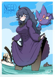  @_@ absurdres alternate_breast_size beach black_dress black_hair blue_sky blush breasts clodsire day dress english_text female gengar hairband hex_maniac_(pokemon) highres horizon john_(a2556349) large_breasts long_dress long_hair looking_at_viewer messy_hair mimikyu ocean outdoors paldean_wooper pokemon pokemon_(creature) pokemon_xy signature skirt_hold sky smile thighhighs water 