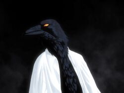  4:3 absurd_res anthro avian beak bird black_background black_beak black_body black_feathers clothed clothing corvid dark dark_body detailed detailed_feathers dreamscreep dress_shirt feathers fog glistening glistening_body glistening_eyes hi_res male mytho_(princess_tutu) open_clothing open_shirt open_topwear orange_eyes oscine passerine princess_tutu realistic realistic_anatomy realistic_lighting realistic_shading shirt simple_background solo topwear 