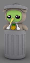  2022 ambiguous_gender anthro avian beak bird black_eyes clothing digital_media_(artwork) eyes front_view gold_medal green_face grey_body k!w!fartz kiwi_(bird) kiwiggler medal meme onesie ratite short_arms simple_background solo standing trash_can trash_can_lid wiggle wiggler_(meme) yellow_beak 