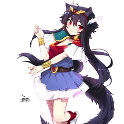  akazukin_chacha animal_ears black_hair blue_dress blush breasts chinese_commentary cleavage commentary_request cosplay dated dress ejami ekko_(ejami) female fox_ears fox_girl fox_tail hair_between_eyes hair_ornament head_wings long_hair looking_at_viewer magical_girl magical_princess magical_princess_(cosplay) original red_eyes short_sleeves signature simple_background small_breasts smile solo tail white_background wings 