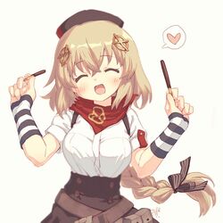  :d arigatoner arm_warmers bandana blush bow braid breasts brown_bow brown_skirt closed_eyes commentary_request female fnc_(girls&#039;_frontline) food girls&#039;_frontline hair_between_eyes hair_ornament hairbow hat heart holding holding_food holding_pocky large_breasts long_hair open_mouth pocky red_bandana shirt shirt_tucked_in short_sleeves simple_background skirt smile solo spoken_heart striped_arm_warmers suspenders upper_body very_long_hair white_shirt 