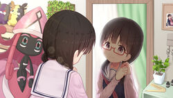  black_hair black_shirt blue_shirt blush bottle bulletin_board cardigan character_doll chest_of_drawers closed_mouth comb commentary_request female glasses hair_over_shoulder hands_up highres indie_virtual_youtuber indoors key long_hair long_sleeves looking_at_mirror low_twintails mimikaki_(men_bow) mirror morpeko morpeko_(full) morpeko_(hangry) neckerchief open_cardigan open_clothes photo_(object) pink_cardigan plant pokemon pokemon_(creature) potted_plant purple_eyes rectangular_eyewear red-framed_eyewear red_neckerchief reflection sailor_collar school_uniform semi-rimless_eyewear serafuku shirt sleeves_past_wrists smile tapu_lele twintails tying_hair under-rim_eyewear upper_body utsugisawa_mizuki virtual_youtuber white_sailor_collar 